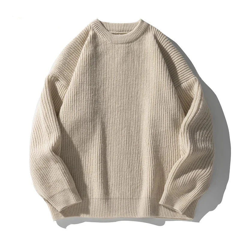 Ribstrikket sweater med rund hals, lange ærmer og ribkanter