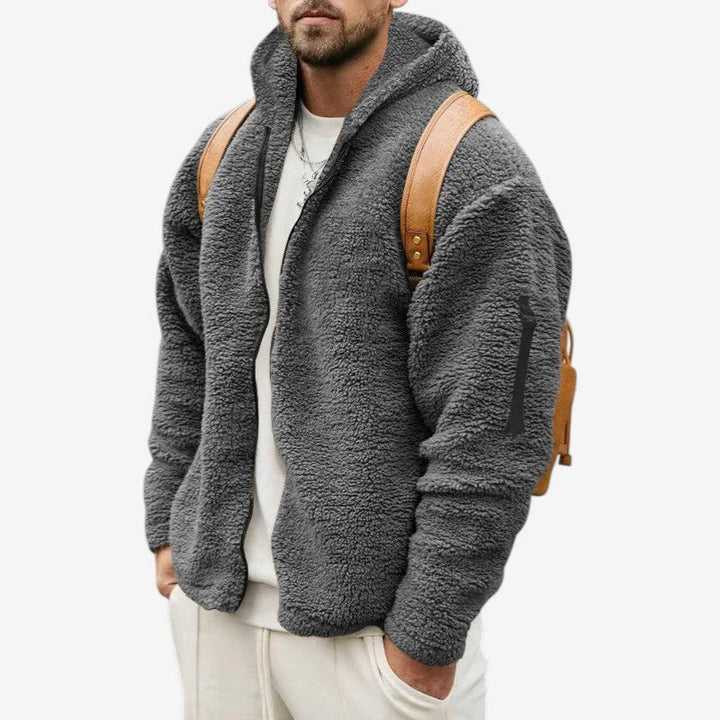 Herre hættejakke i teddyfleece med lynlås og lange ærmer