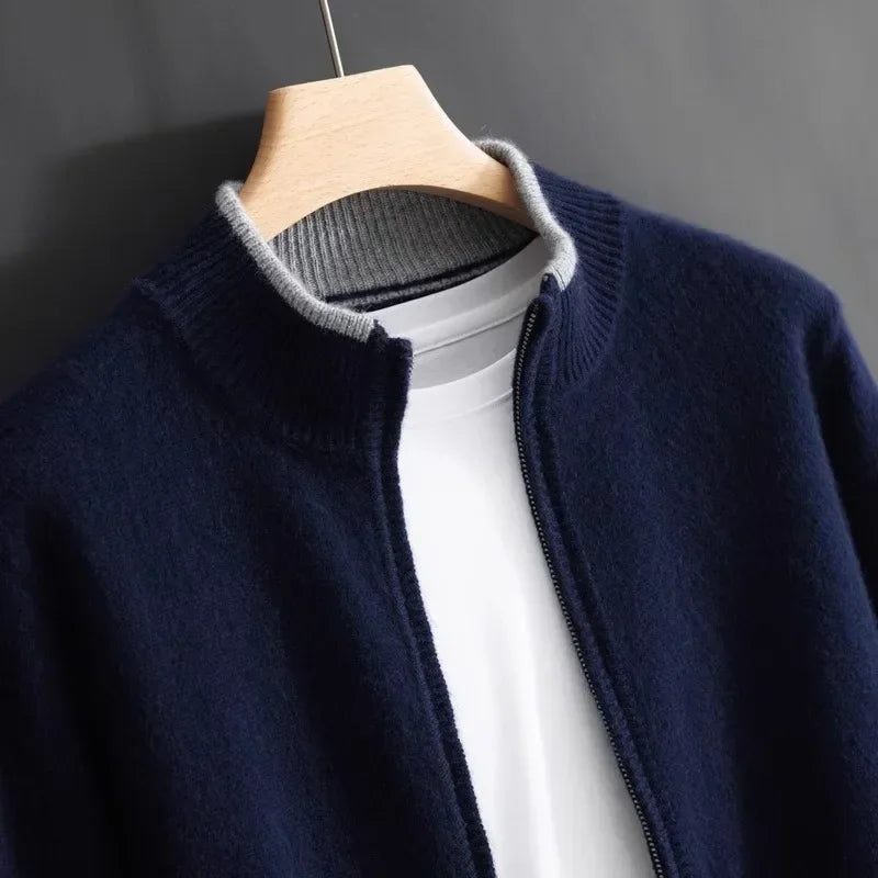 Strikket cardigan med lynlås, høj ribkrave og lange ærmer