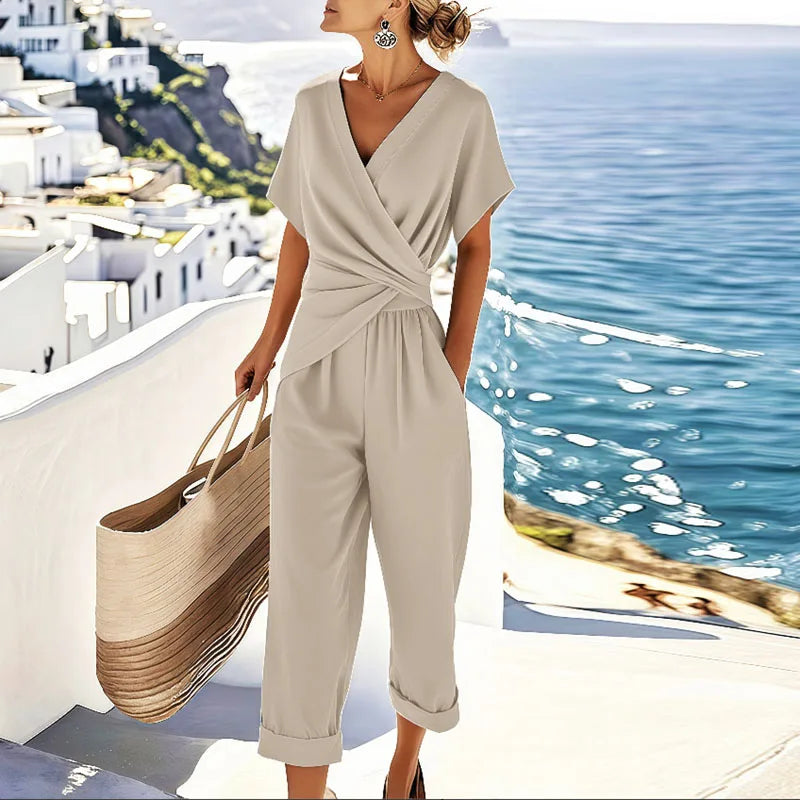 Women's Casual Short Sleeve V Neck Jumpsuit