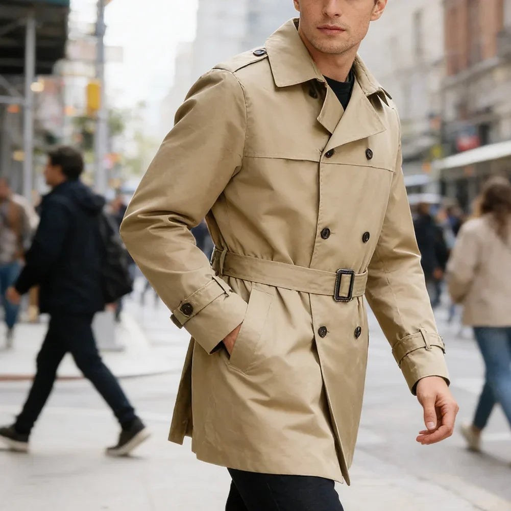 Beige trenchcoat til herre med bælte, knapper og lange ærmer