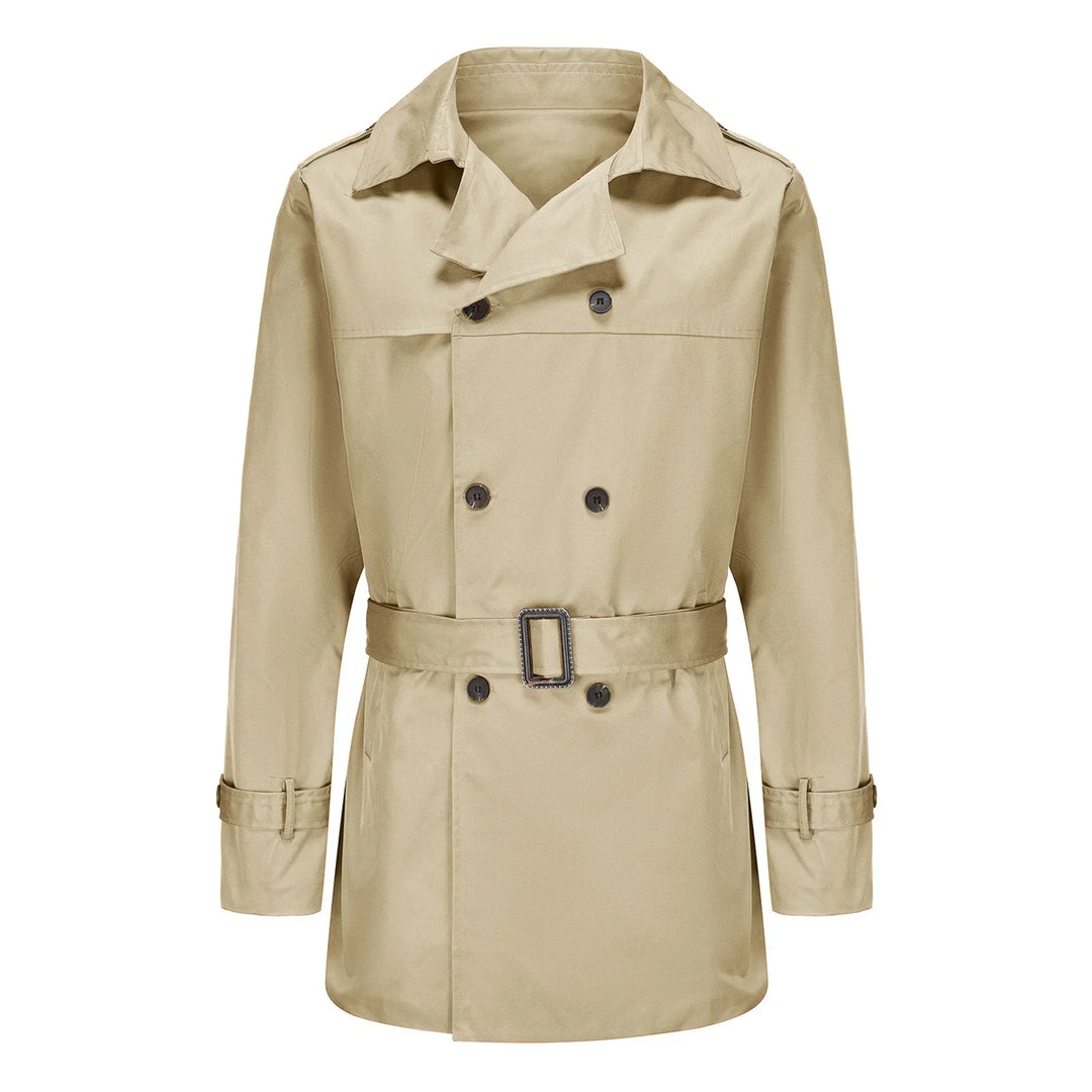 Beige trenchcoat til herre med bælte, knapper og lange ærmer