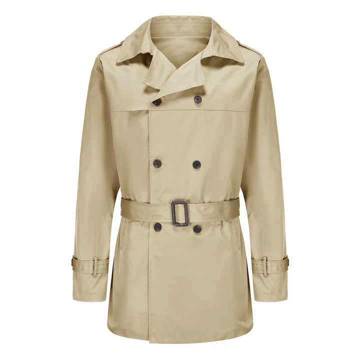 Beige trenchcoat til herre med bælte, knapper og lange ærmer