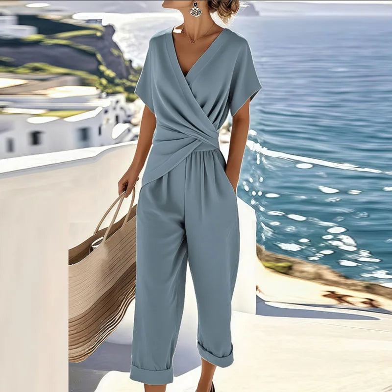 Women's Casual Short Sleeve V Neck Jumpsuit