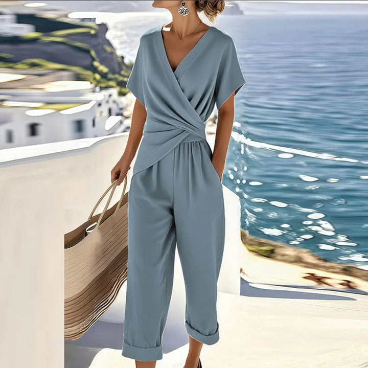 Women's Casual Short Sleeve V Neck Jumpsuit