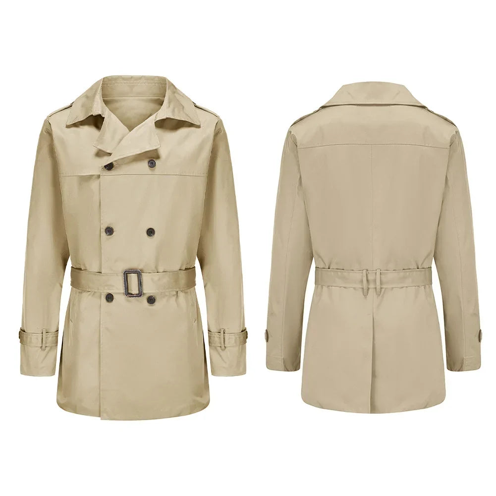 Beige trenchcoat til herre med bælte, knapper og lange ærmer