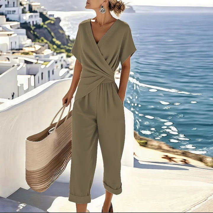 Women's Casual Short Sleeve V Neck Jumpsuit