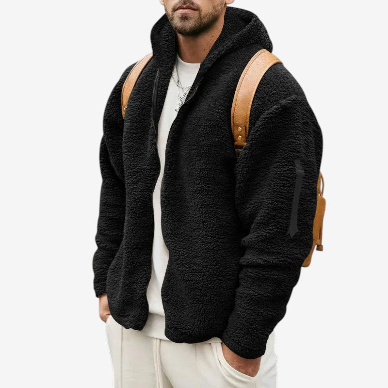 Herre hættejakke i teddyfleece med lynlås og lange ærmer