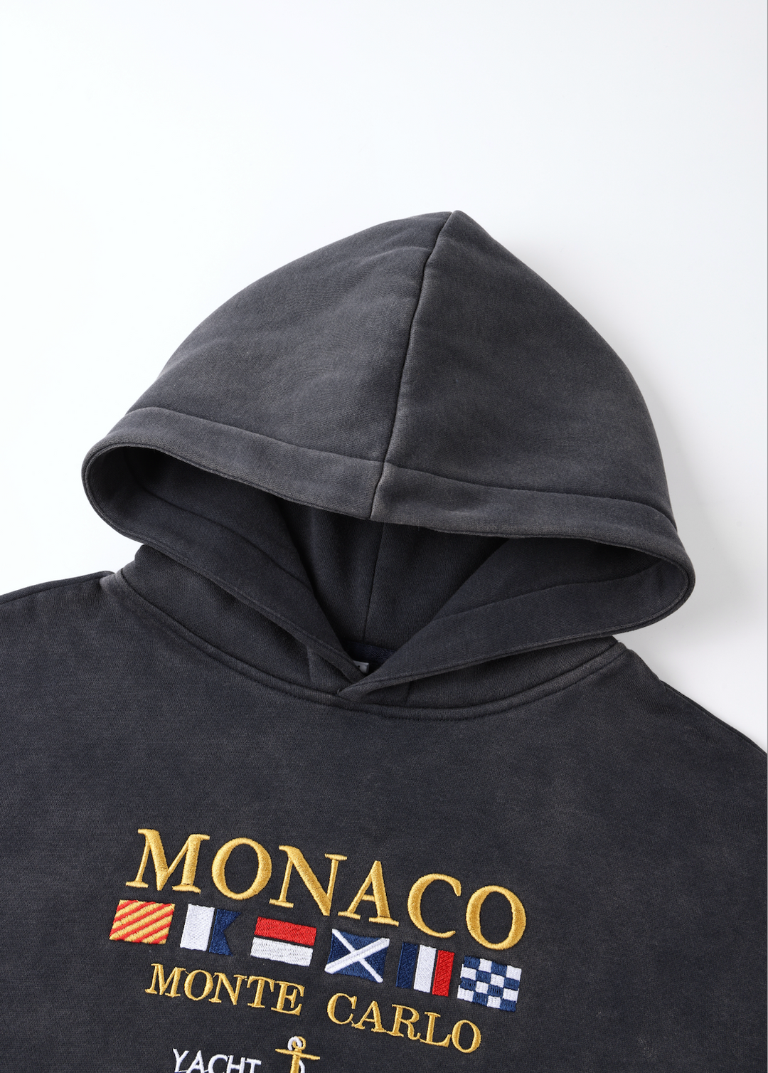 Mørkegrå herrehoodie med hætte, Monaco-tryk og kængurulomme