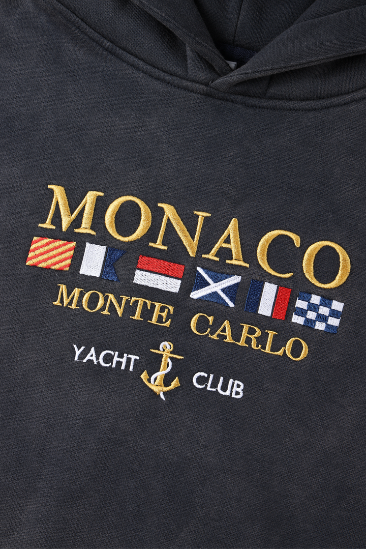 Mørkegrå herrehoodie med hætte, Monaco-tryk og kængurulomme