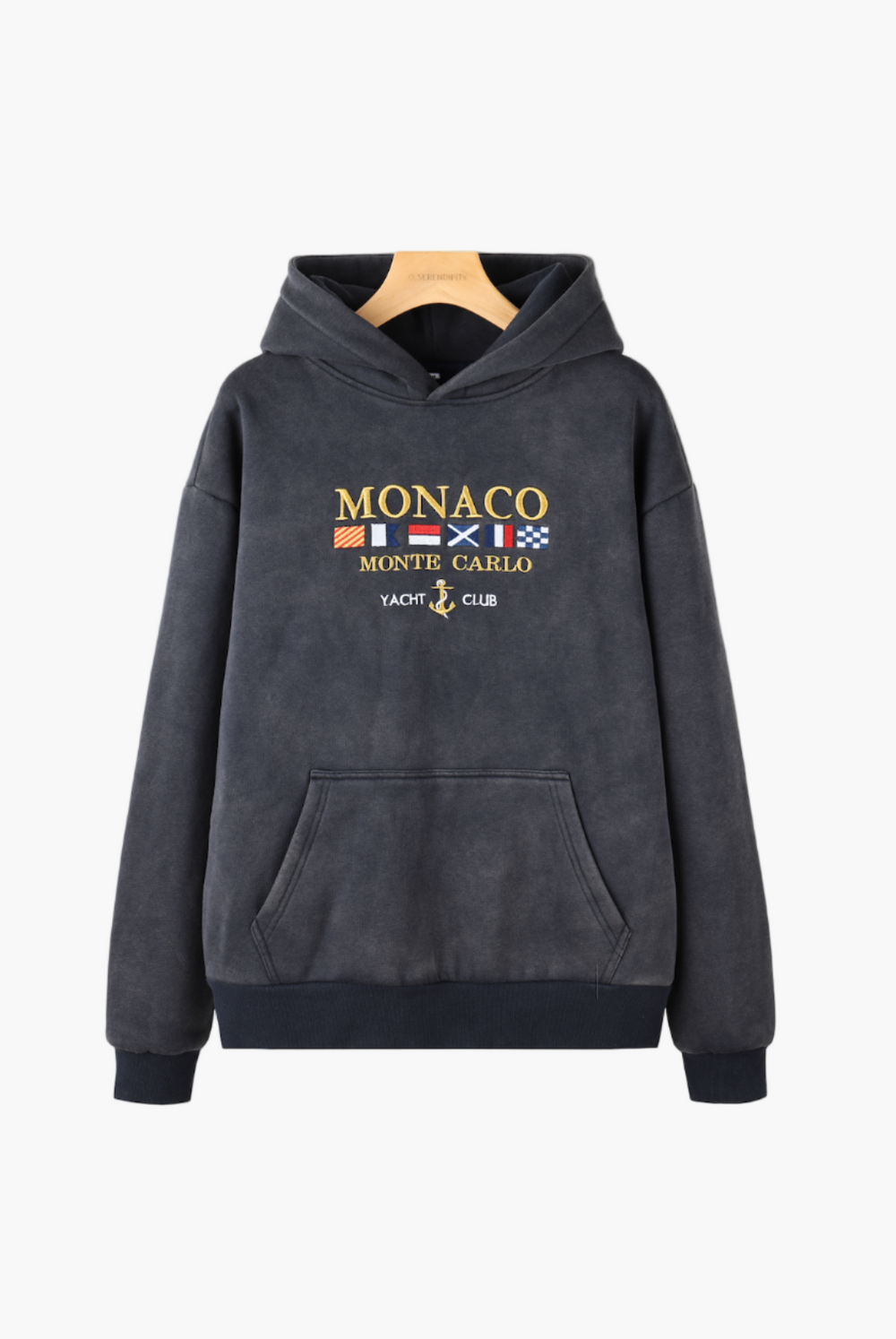 Mørkegrå herrehoodie med hætte, Monaco-tryk og kængurulomme