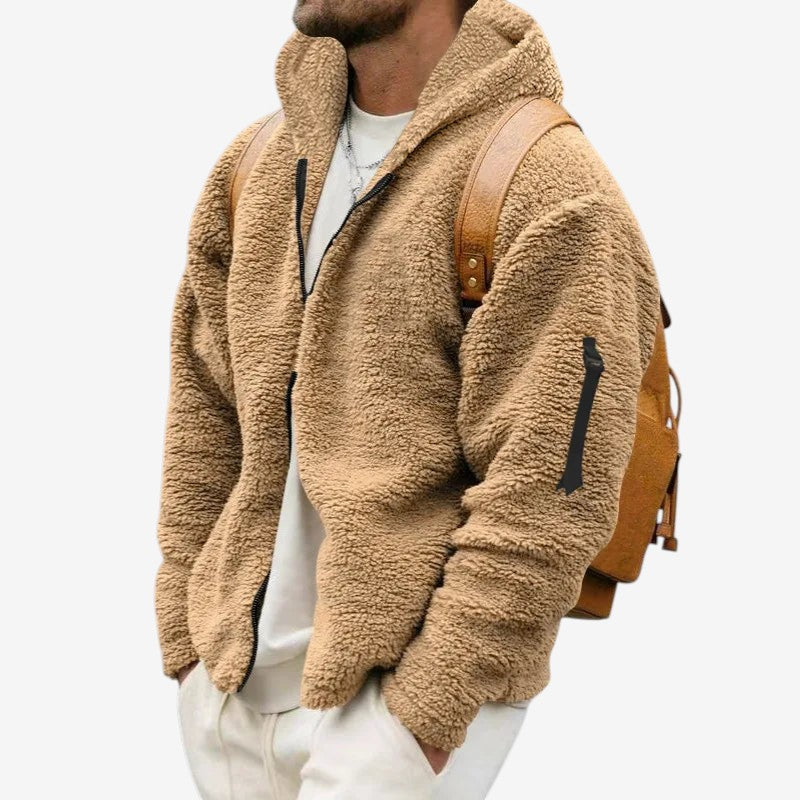 Herre hættejakke i teddyfleece med lynlås og lange ærmer