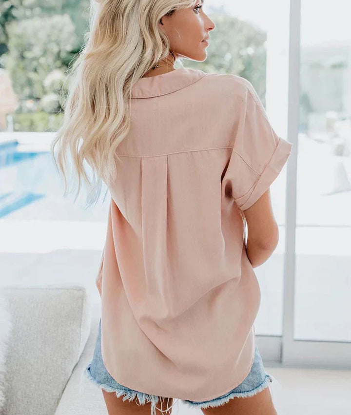 Women's Short Sleeve Button Collared Pocket Blouse