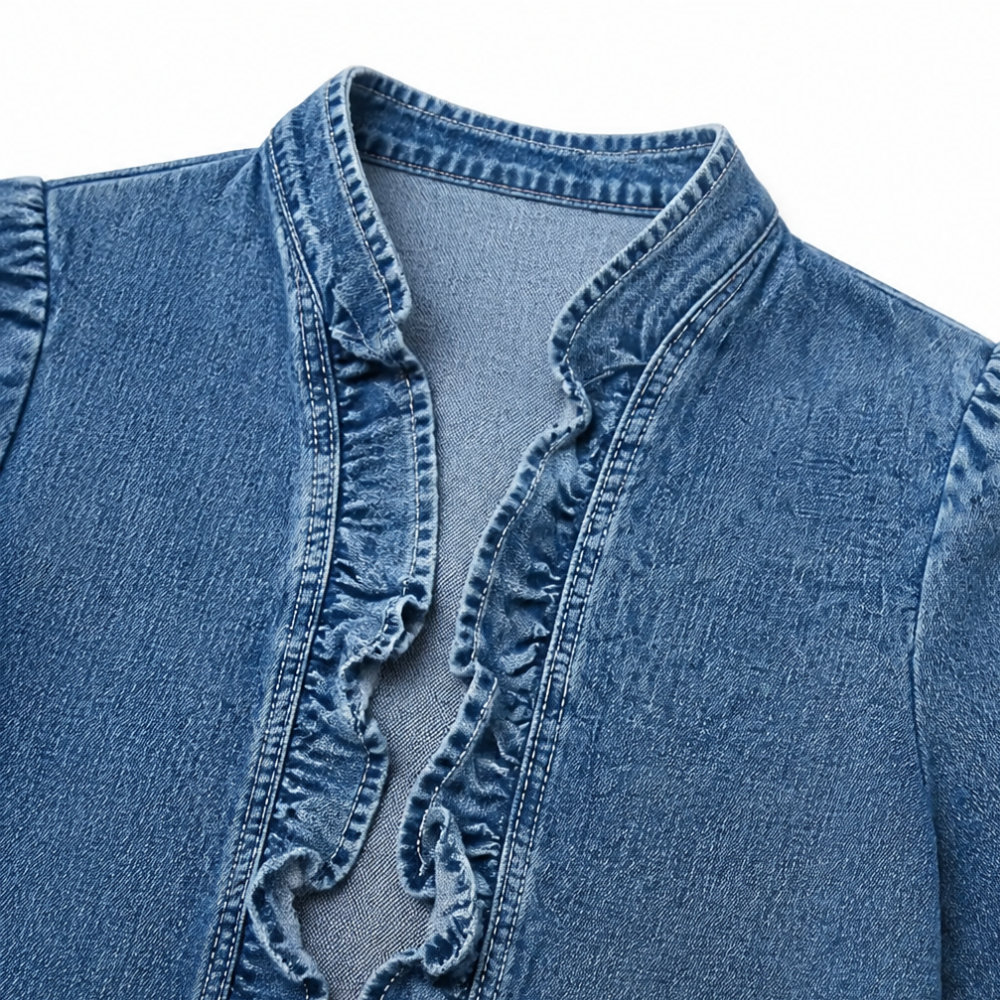Blå denimjakke til kvinder med flæsekanter, åben front og lange ærmer