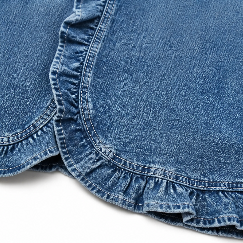 Blå denimjakke til kvinder med flæsekanter, åben front og lange ærmer