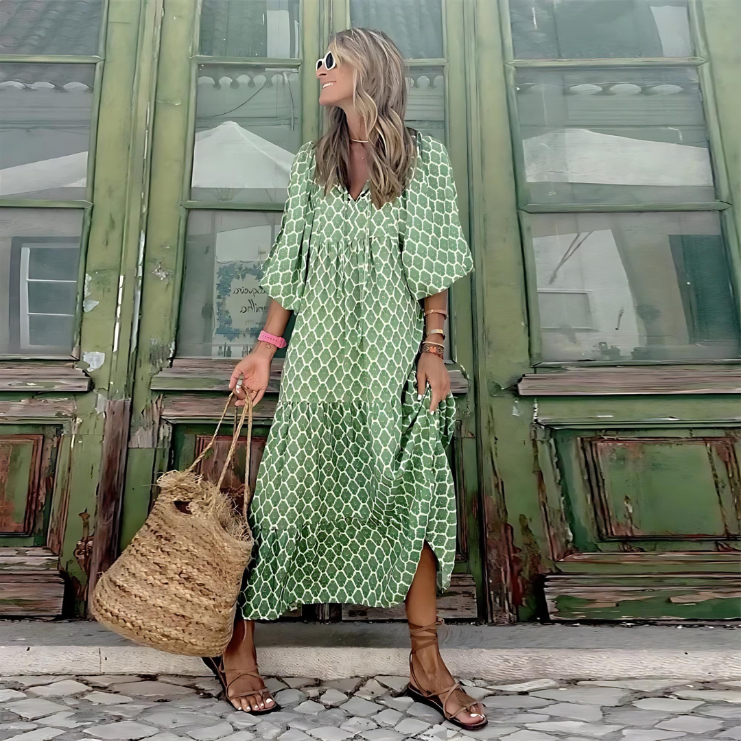 Women's Printed V Neck Flowy Maxi Dress