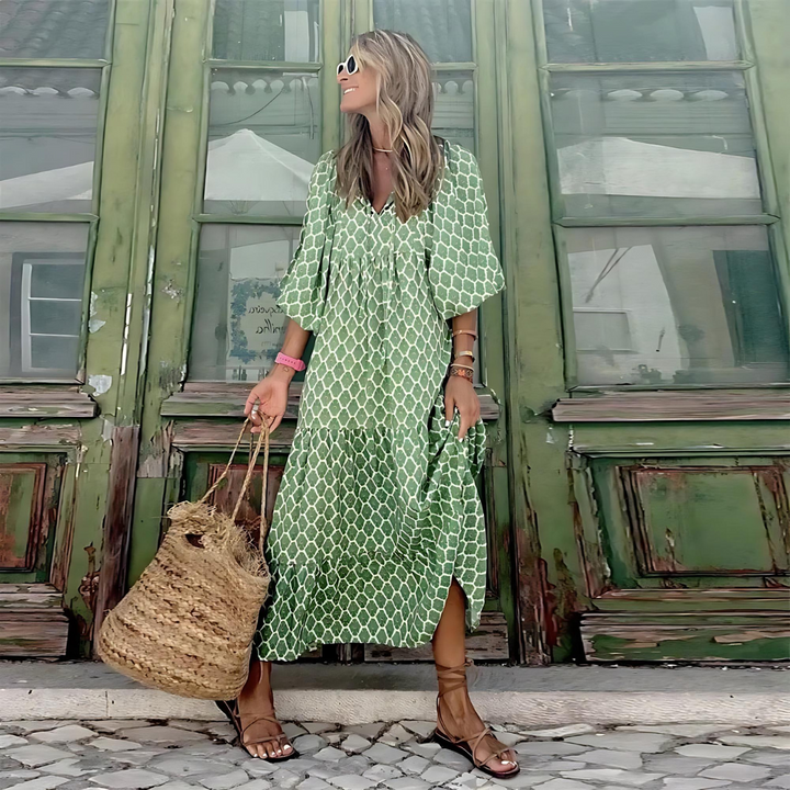 Women's Printed V Neck Flowy Maxi Dress