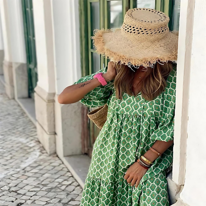 Women's Printed V Neck Flowy Maxi Dress
