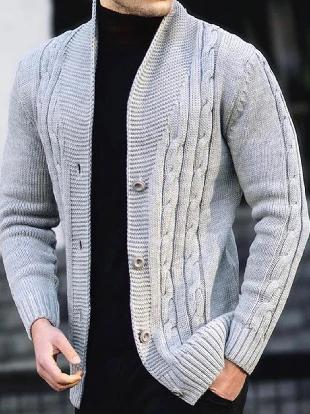 Herrecardigan med bred krave, ribstrik, knapper og kontrastkanter