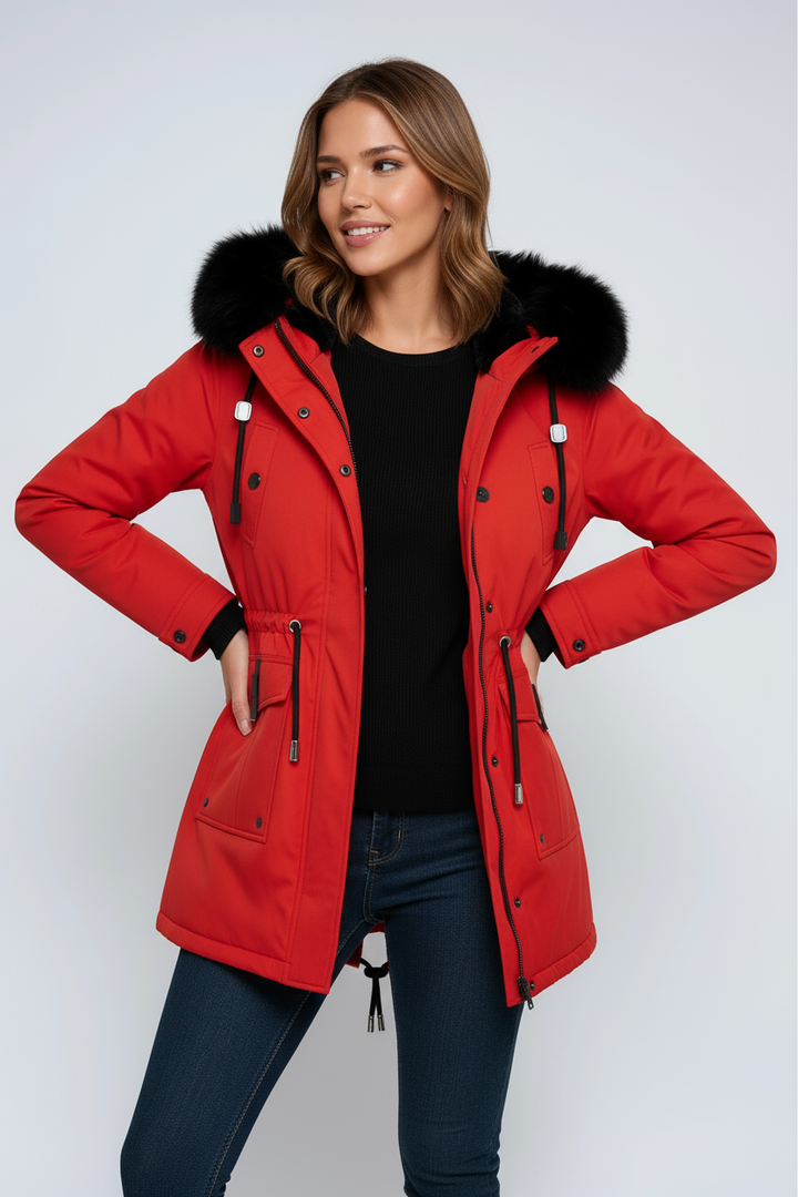 Dameparka med hætte med sort pelskant og taljesnøre
