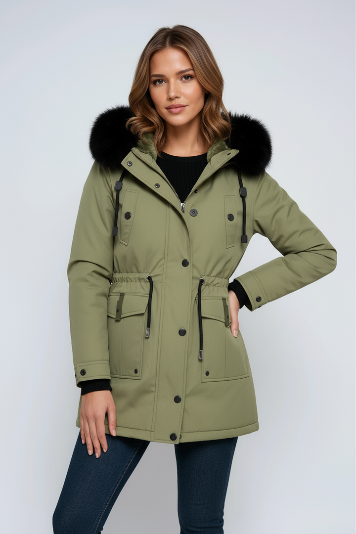 Dameparka med hætte med sort pelskant og taljesnøre