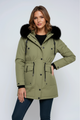 Dameparka med hætte med sort pelskant og taljesnøre