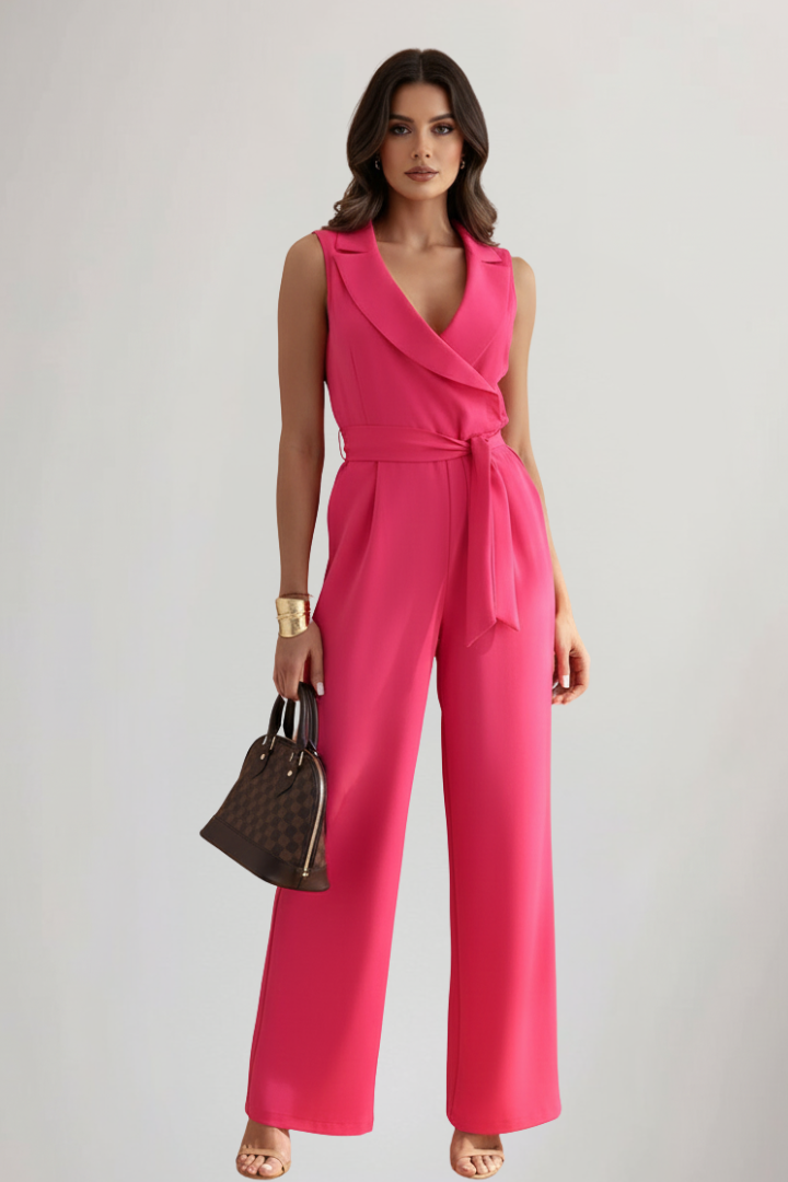 Women's Sleeveless V-Neck Tie Waist Jumpsuit
