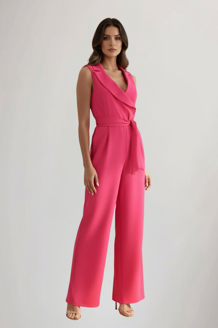 Women's Sleeveless V-Neck Tie Waist Jumpsuit