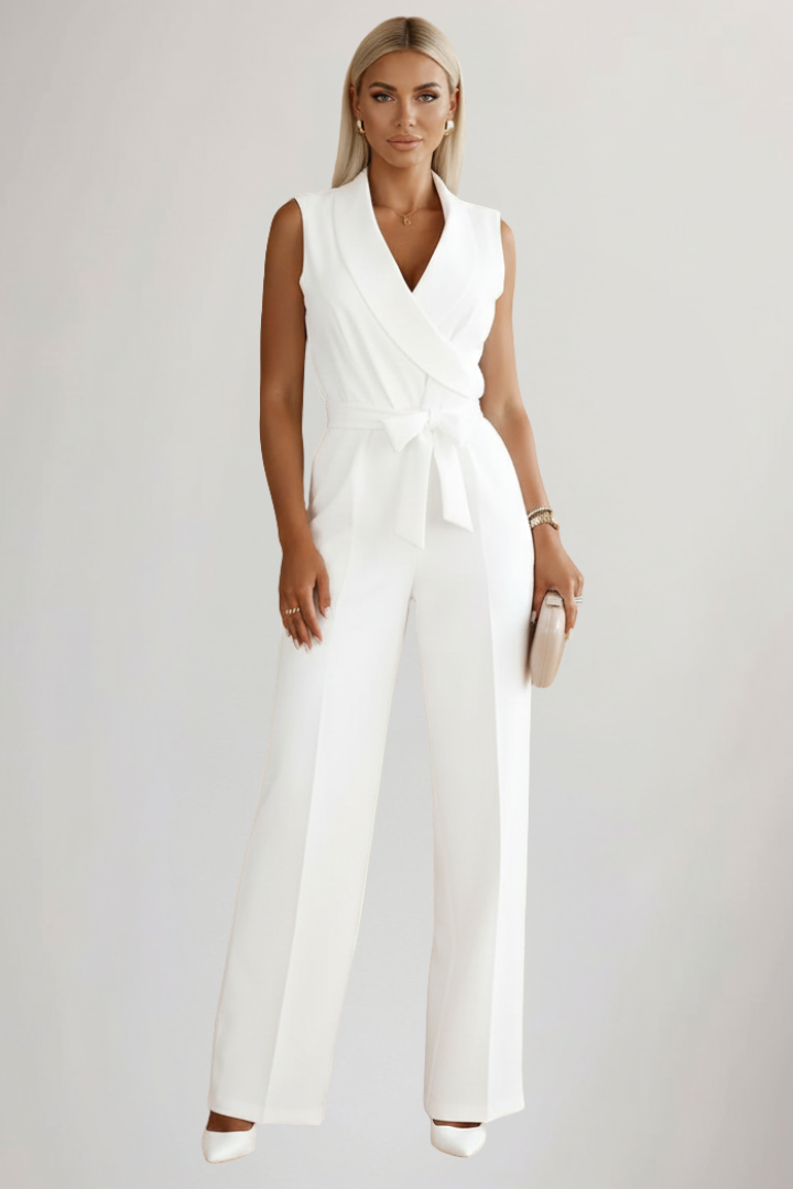 Women's Sleeveless V-Neck Tie Waist Jumpsuit