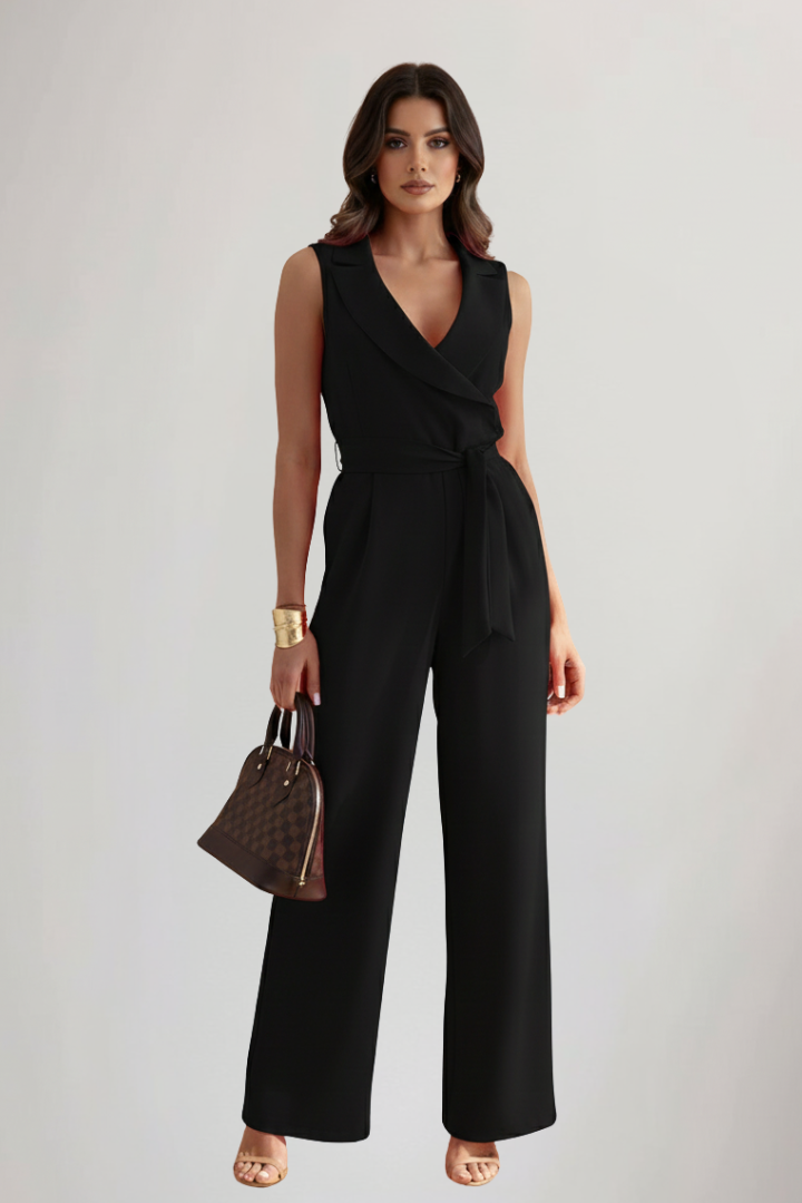 Women's Sleeveless V-Neck Tie Waist Jumpsuit