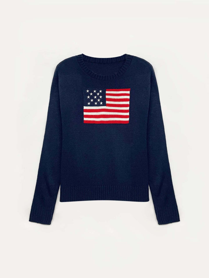 Damestriktrøje med flagmotiv, rund hals og lange ærmer