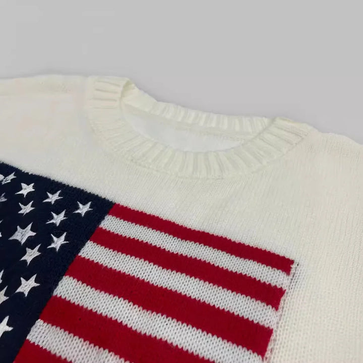 Damestriktrøje med flagmotiv, rund hals og lange ærmer