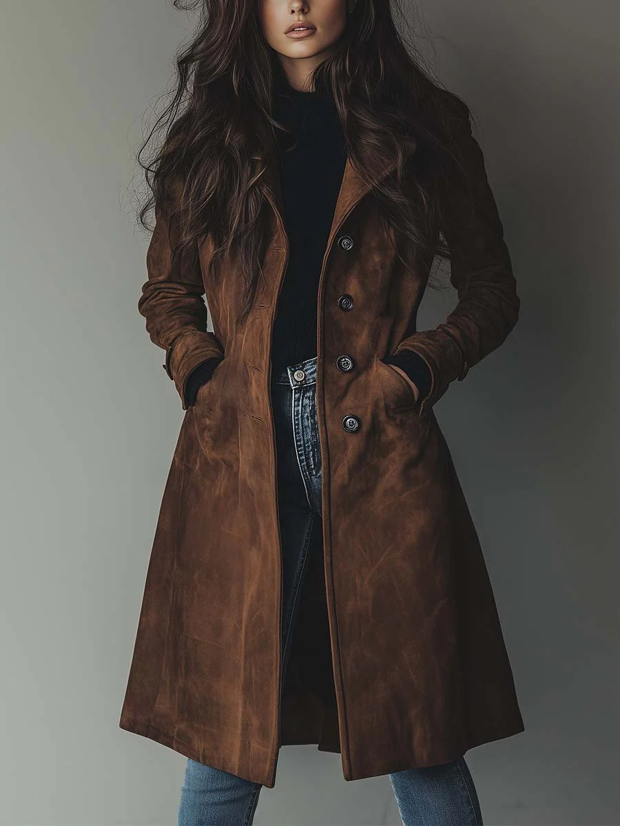 Dame trenchcoat med revers, knapper, sidelommer og lang pasform