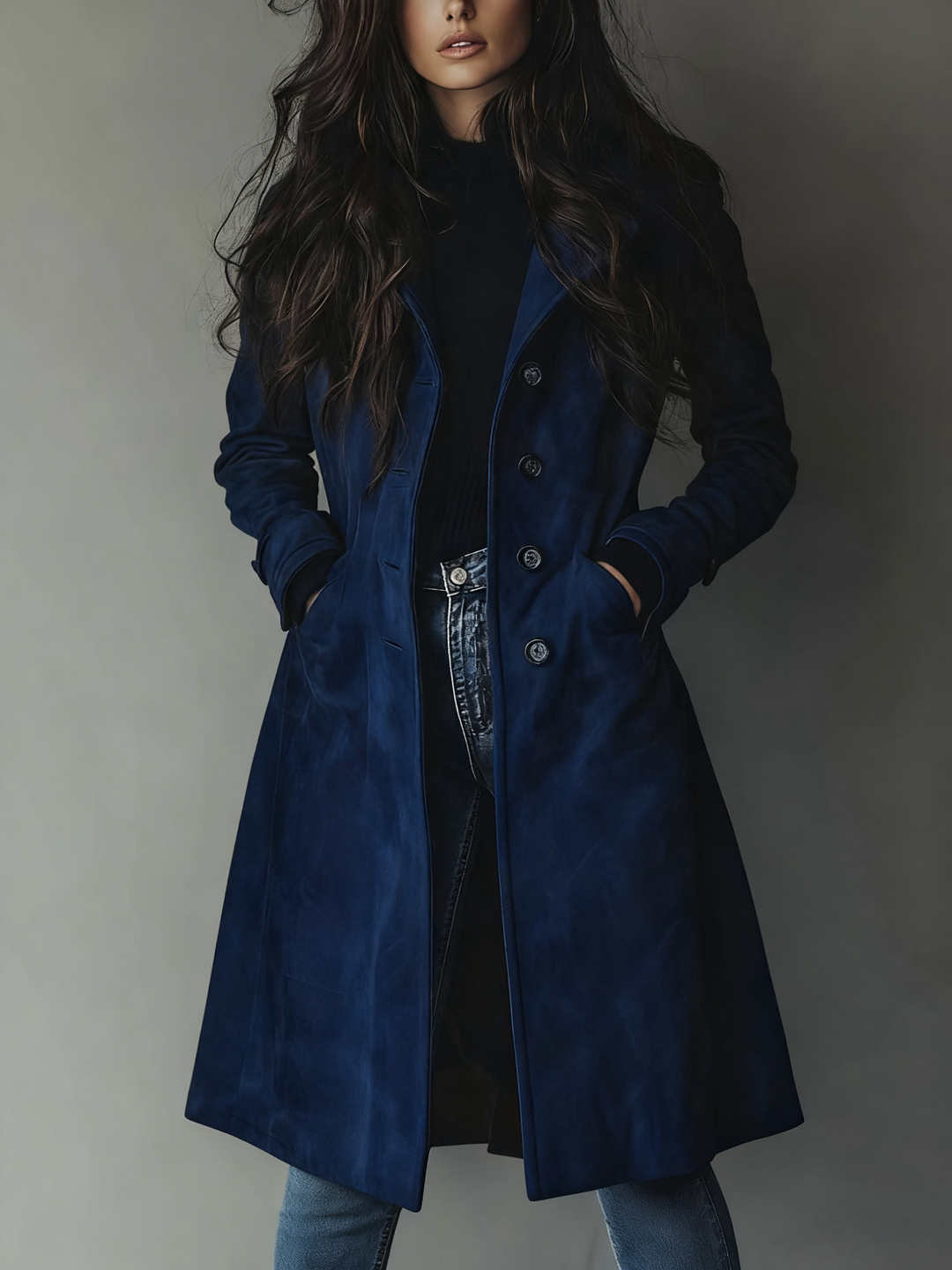 Dame trenchcoat med revers, knapper, sidelommer og lang pasform