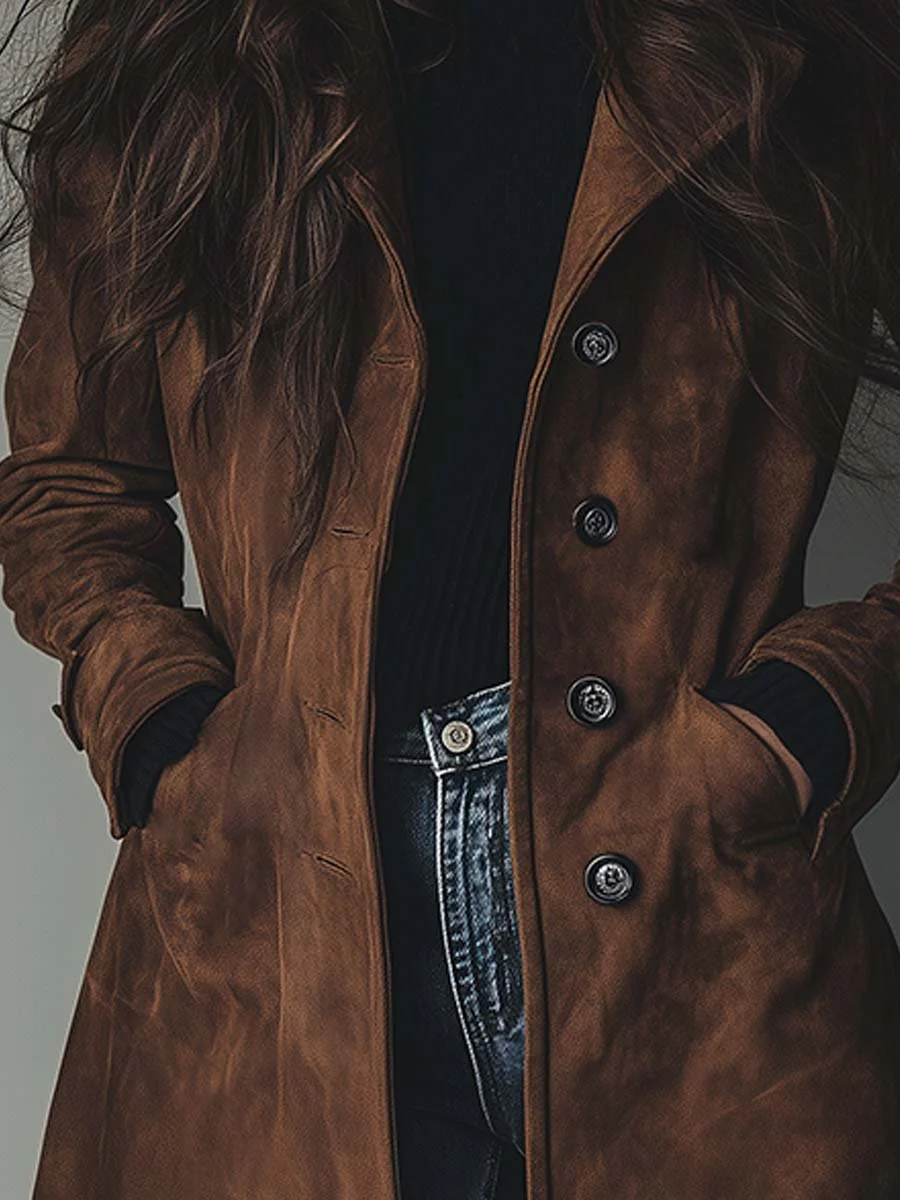 Dame trenchcoat med revers, knapper, sidelommer og lang pasform