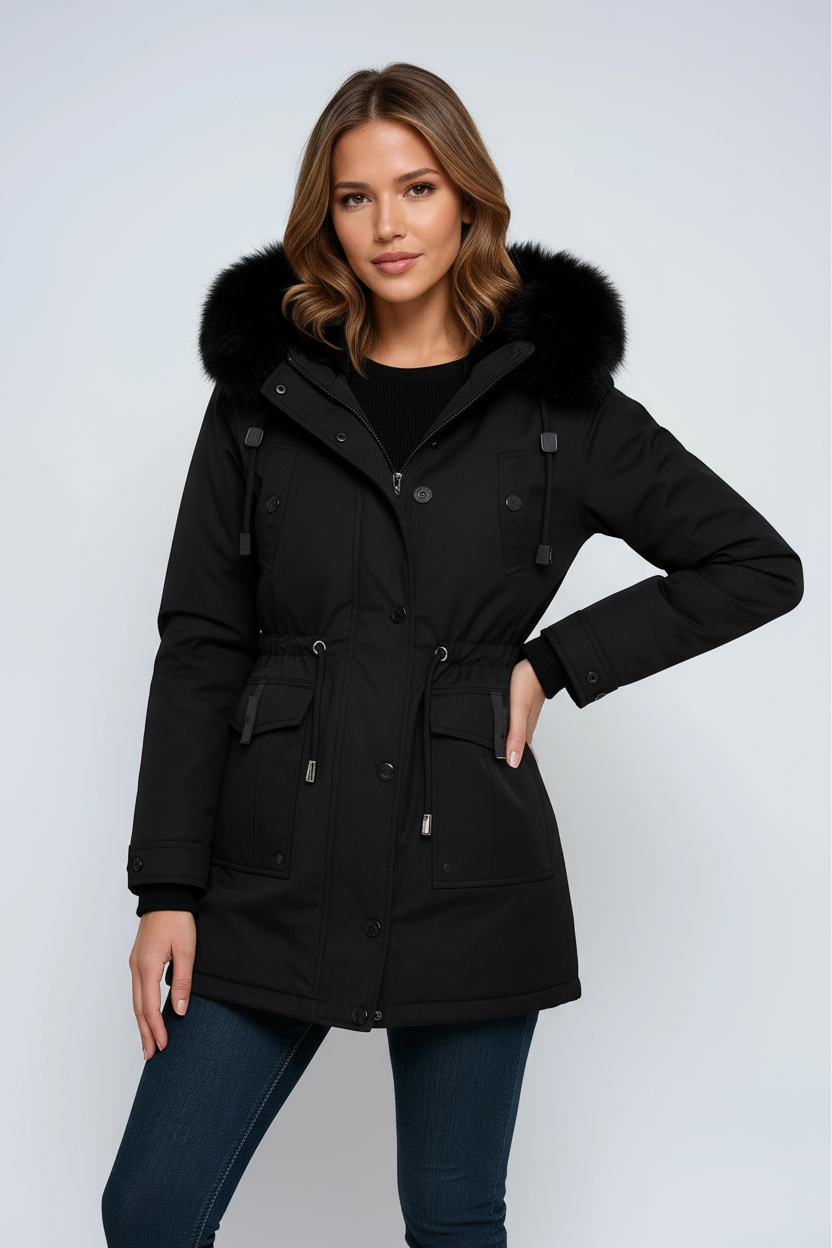 Dameparka med hætte med sort pelskant og taljesnøre