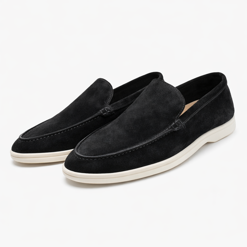 Herreloafers med mokkasinsnit, rund tå og lys flad sål