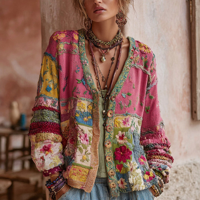 Rosa strikket cardigan med blomstret patchwork og lange ærmer