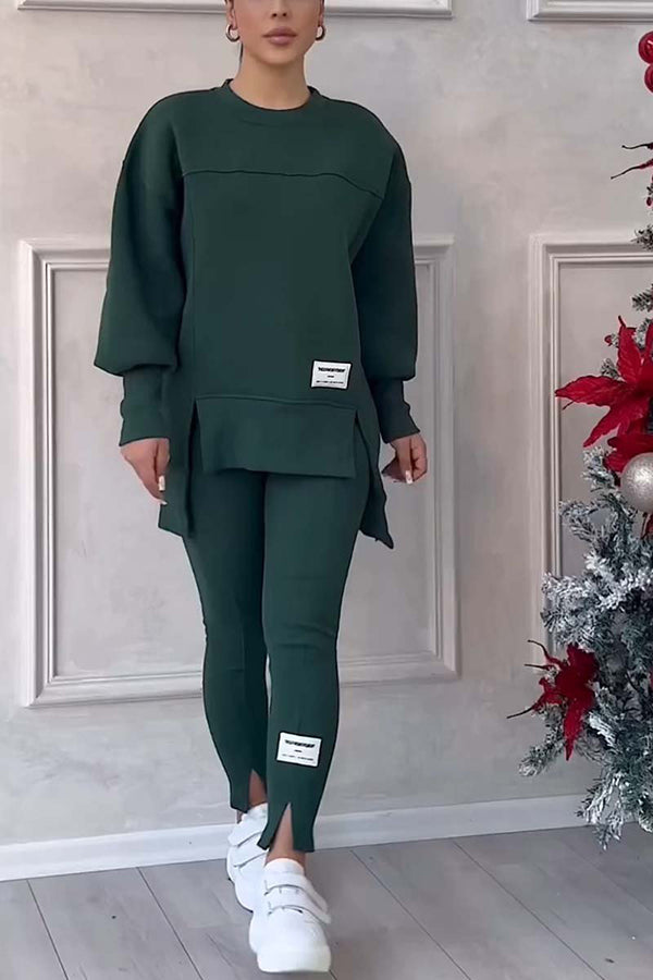 Damesæt med langærmet sweatshirt og smalle bukser med elastisk talje