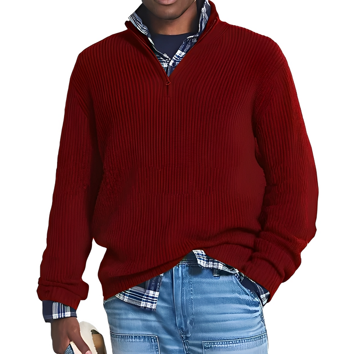 Herresweater med ribstruktur, høj krave og kort lynlås