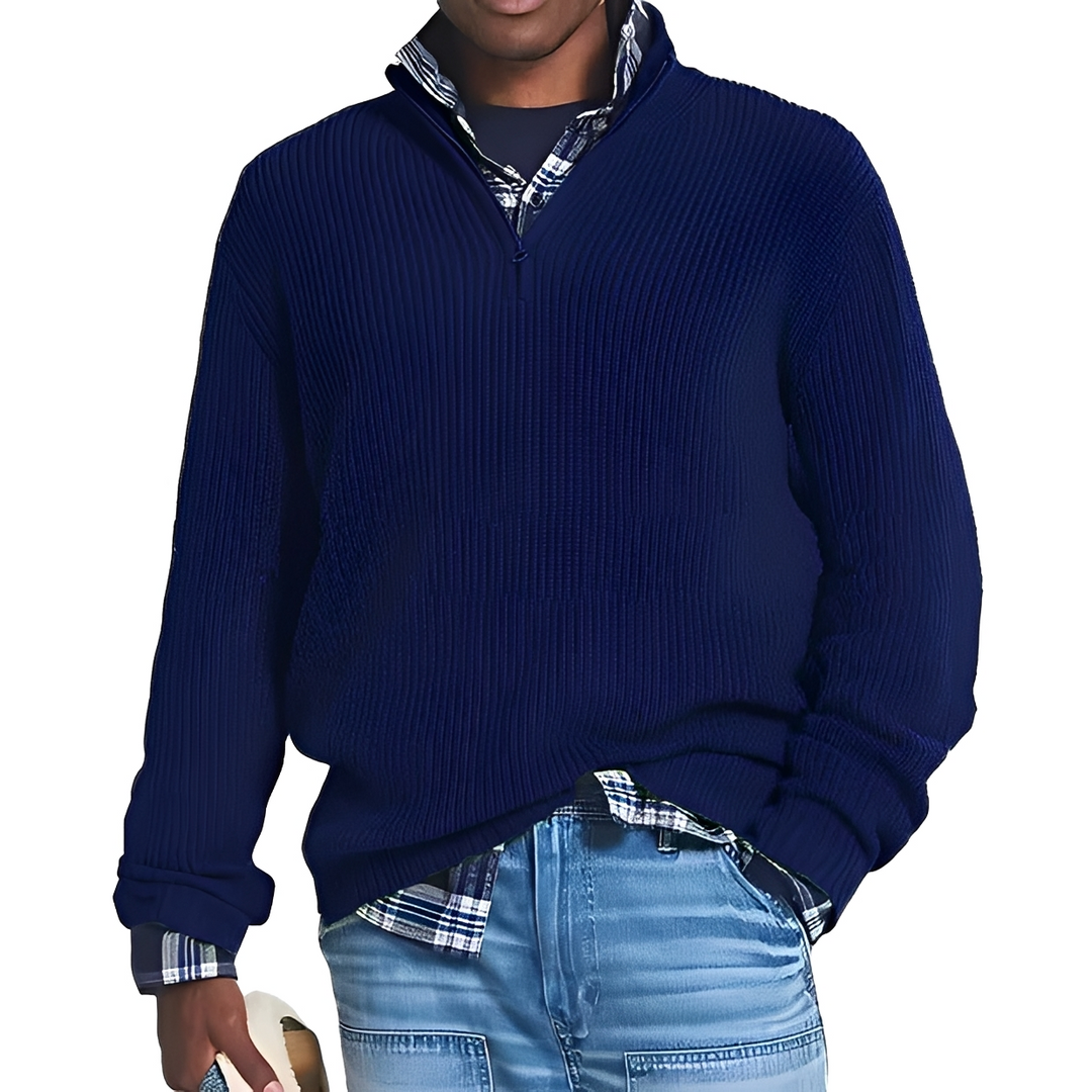 Herresweater med ribstruktur, høj krave og kort lynlås