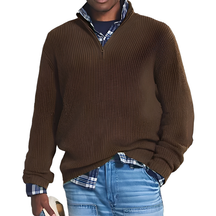Herresweater med ribstruktur, høj krave og kort lynlås