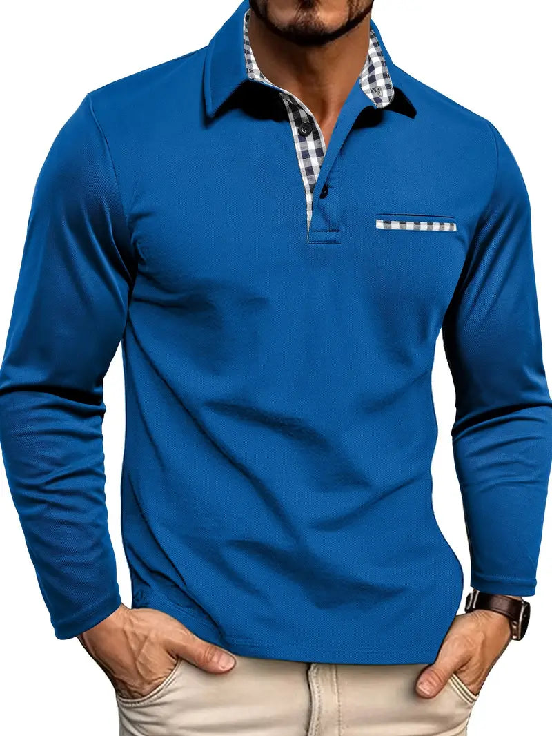 Herre langærmet poloshirt med ternet krave og brystlomme