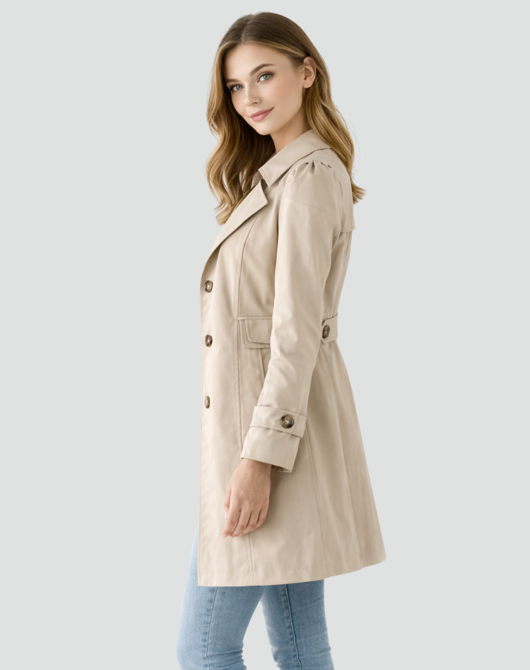 Dame iført trenchcoat med reverskrave, knapper og lange ærmer