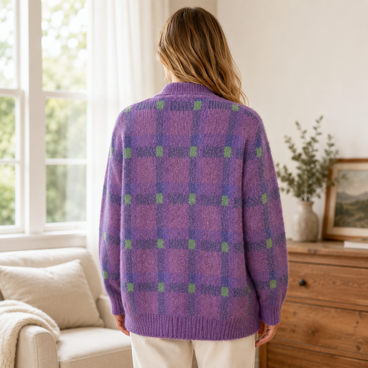 Oversized damecardigan med ternet mønster, krave og knapper