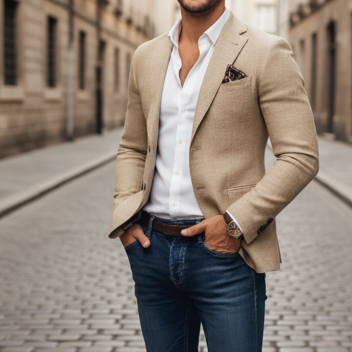 Herreblazer med slim pasform, reverskrave, enkelt knap og lommer