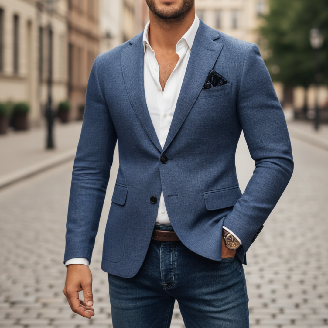 Herreblazer med slim pasform, reverskrave, enkelt knap og lommer
