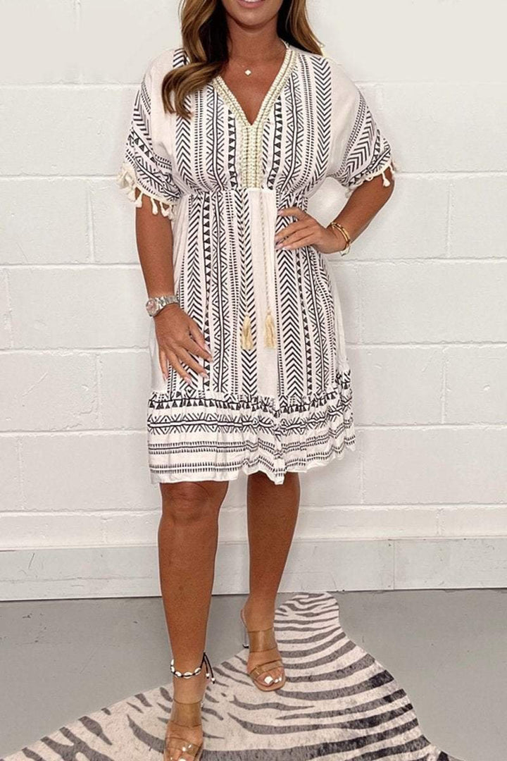 Boho Mini Dress V-Neck Tassel Print Short Sleeve Summer