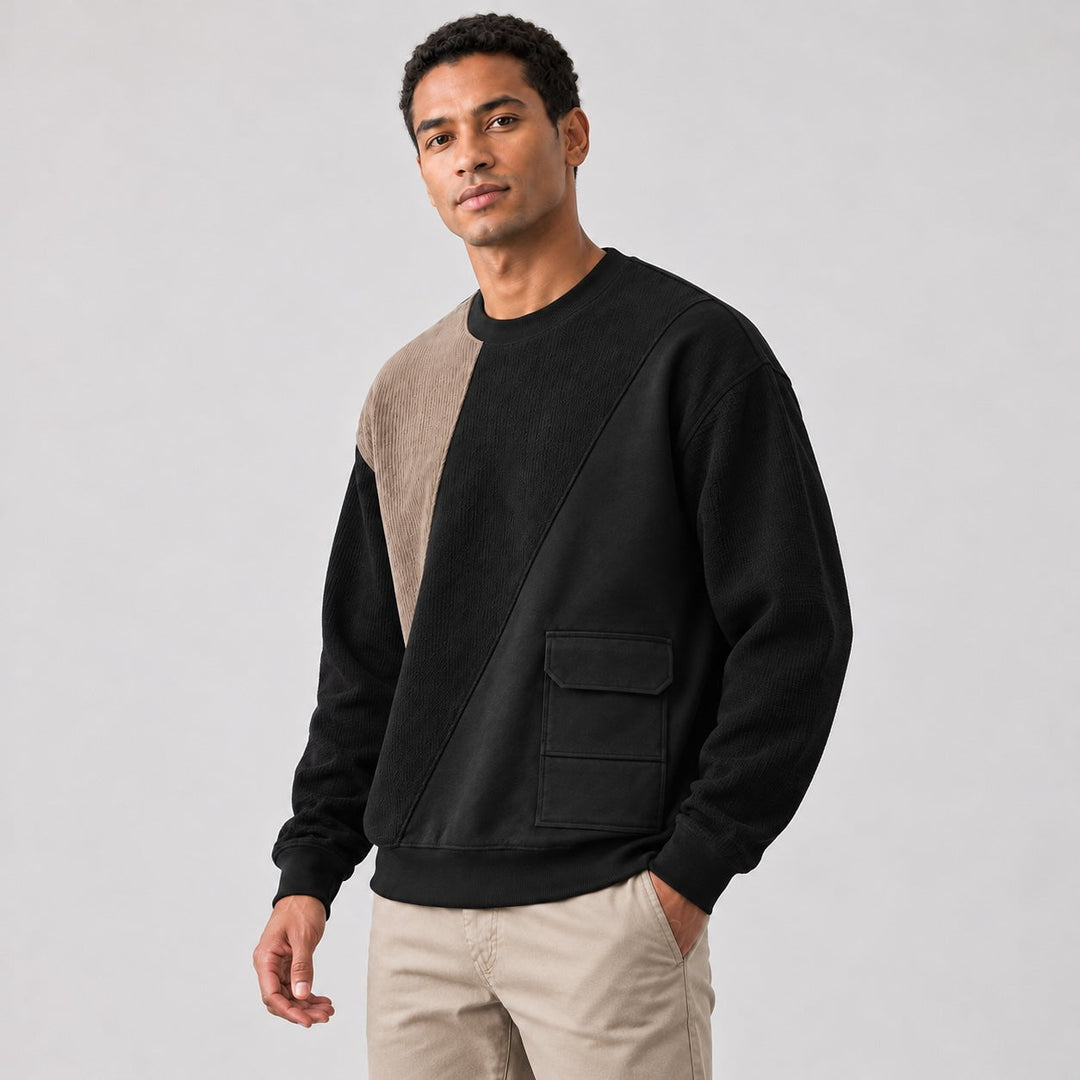 Langærmet sweatshirt med geometriske felter, rund hals og påsyede lommer