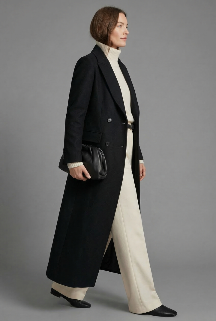 Cappotto lungo da donna nero con revers classico e maniche lunghe